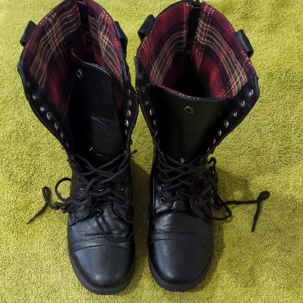 Ardene Black Combat Boots with Red Plaid Lining